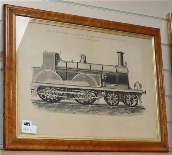 John Swain, engraving, Express Locomotive, South Eastern Railway, 37 x 53cm, maple framed